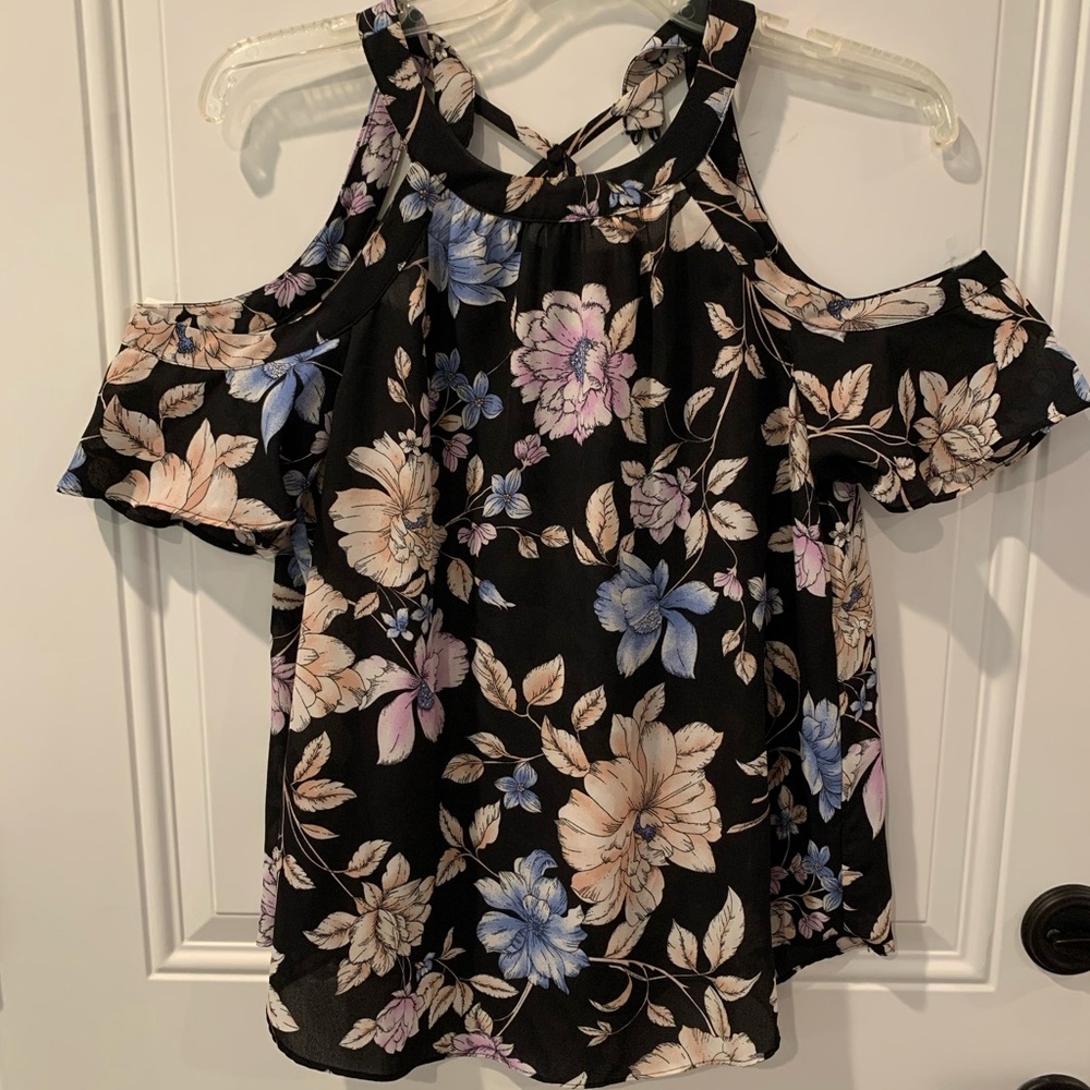 Iz Byer Black Floral Cold Shoulder Blouse